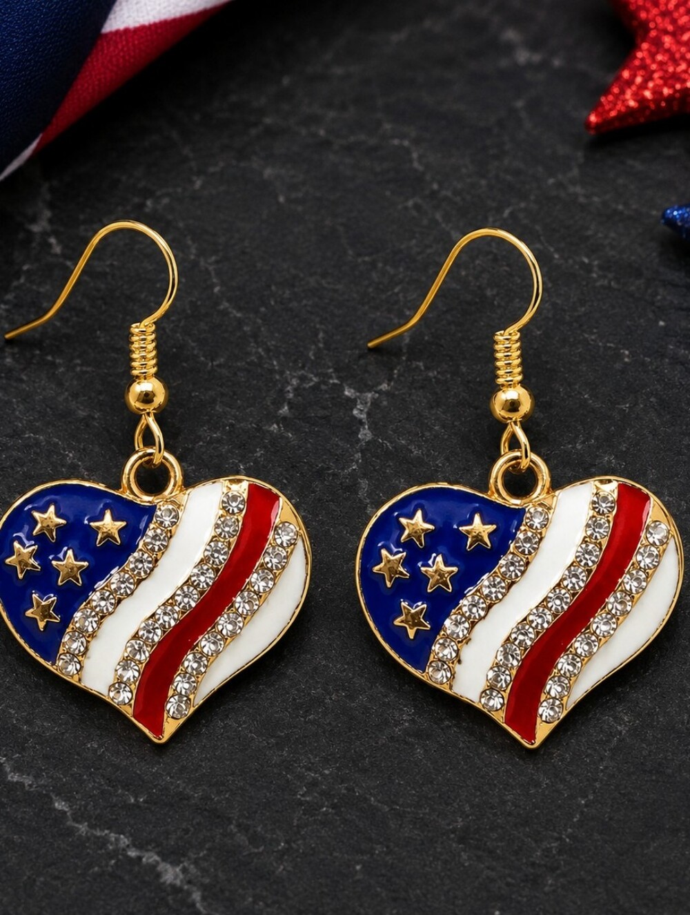 Patriotic Star Fishhook Earrings Red White Blue Rhinestone 4th Of July